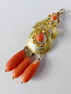 14k Yellow Gold Mediterranean Coral 3 Teardrops Chandelier Dangle Pendant • $535