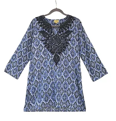 Roberta Roller Rabbit Blue Aztec Print Embroidered Beaded Tunic Medium • $12.99