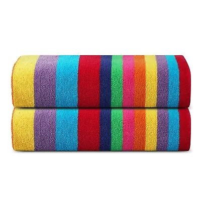 2x Miami Vibe Multi Stripe Classic Beach Towels Terry Cotton Ringspun Pool Towel • £19.99