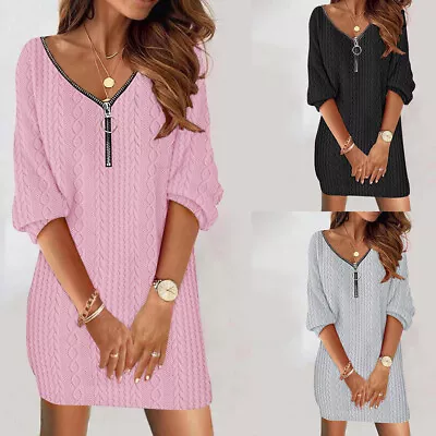 Women Cable Zip V Neck Mini Jumper Dress Ladies Winter Long Sleeve Shirt Bodycon • £2.89