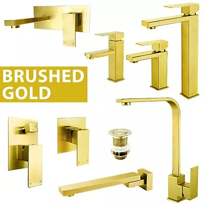 Square Brushed Gold Tall Basin Mixer Kitchen Sink Tap Bathroom Wall Swivel Spout • $103