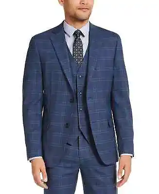 ALFANI Jacket Size 38L Navy Blue Plaid Slim Fit Stretch NWT $360 • $29.99