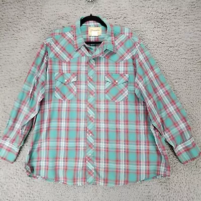 Wrangler Shirt Mens 2XL Green Plaid Long Sleeve Pearl Snap Western • $19