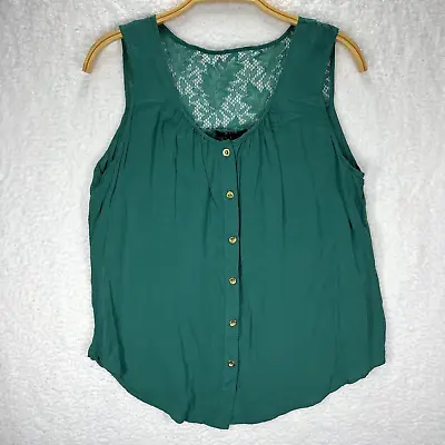 Mine Shirt Blouse Womens Large Top Tank Green Lace Button Loose Sleeveless • $12.61
