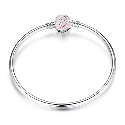 $74.99 • Buy SOLID S925 Silver Pastel Pink Rose Clasp 21cm Charm Bangle - YOUnique Designs
