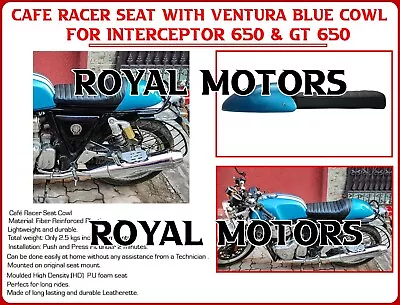  CAFE RACER SEAT WITH VENTURA BLUE COWL  For Royal Enfield Interceptor & GT 650 • $438.89