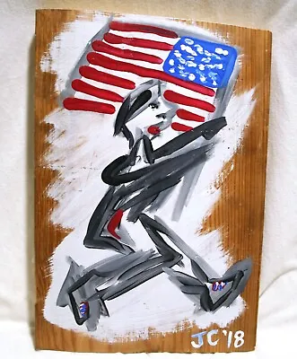 AMERICAN FLAG RUNNER Jr CHARLIE FAST OUTSIDER POLITICAL FOLK ART SELF PORTRAIT • $125