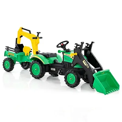 3 In1 Kids Ride On Excavator Pedal Car Bulldozer W/6 Wheels & Detachable Trailer • £88.95