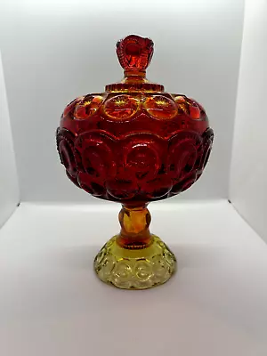 Vintage LE Smith Moon And Stars Amberina Glass Footed Compote Candy Dish Glows! • $37.99