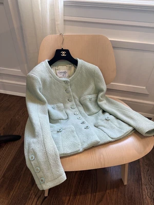 $1699 • Buy RARE Vintage Chanel 95C 4 Pocket Twill Boucle Tweed Jacket Mint Green Sz 38