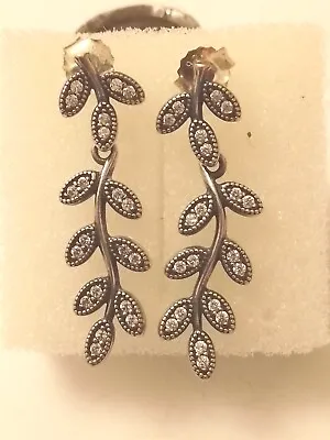 Genuine PANDORA 290565CZ Leaf Drop Dangle Sterling Silver Earrings S925ALE 30mm • £49.99