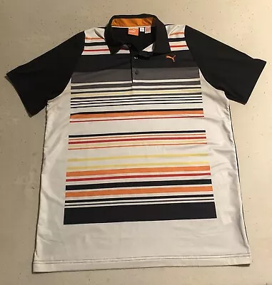 Puma Golf Polo Mens M Striped Short Sleeve Shirt Black Orange • $13.95