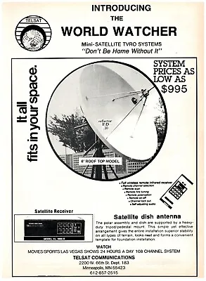 1983 Telsat Comms Print Ad World Watcher Mini-Satellite TVRO System Dish Antenna • $11.50