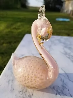 Vintage Murano ALFREDO BARBINI Art Glass Swan Figurine Gold Pink Bullicante 5.5  • $75