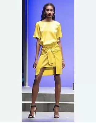 RIHANNA X RIVER ISLAND Yellow Silk Dress Layered Tie Front Short Dress Size 10UK • $55.95