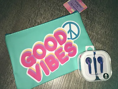 Claire’s Ear Buds Mic Blue Good Vibes Cosmetics Pencil Tote Bag Case Lot • $22.99