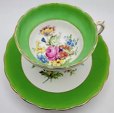 Vintage Rosina England Cup & Saucer Footed Green Rose Floral Bouquet Teacup • $22.99