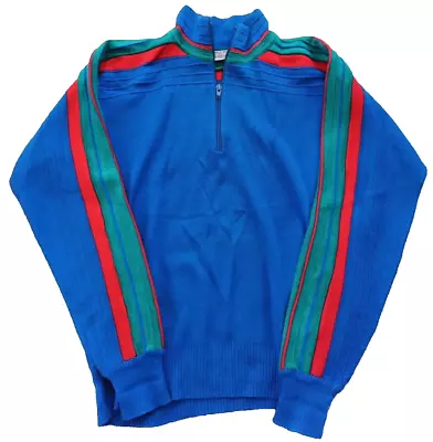 VTG  MEISTER 1/4 Zip Knit Ski Sweater Blue Striped Pullover Crewneck Hong Kong L • $23.75