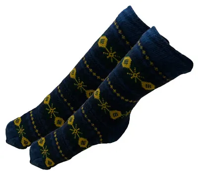 Mens Thick Knit Sherpa Fleece Slipper Socks Blue Base Yellow Snowflakes 10-13 • $8.89