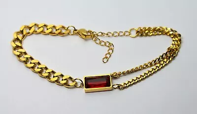 Vintage 14k Gold Filled Ladies Double Chain Bracelet With Red Gemstone • $0.01