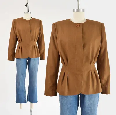 Vintage 80s Brown Nipped Waist Jacket Wool Collarless Peplum Jacket Size M • $52