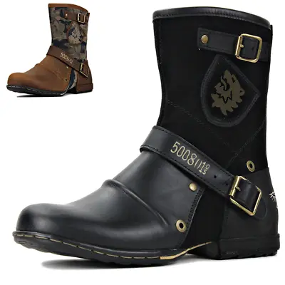 Mens Western Cowboy Mid Calf Boots Casual Round Toe Side Zip Buckle Biker Shoes • $53.20