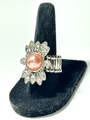 Paparazzi Vintage Silver  Stretch Ring Beautiful Pink Faux Pearl W/Rhinestones • $7.99