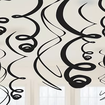 12 Plain Black Plastic Swirls Hanging Ceiling Halloween Party Decorations  • £3.49