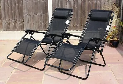 2 X Reclining Sun Lounger Outdoor Garden Folding Zero Gravity Chair Adjustable • £59.85