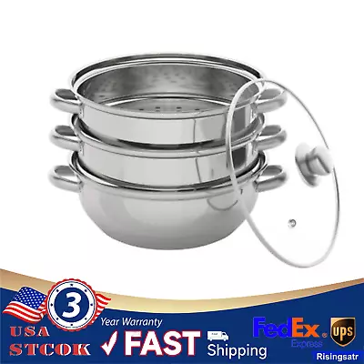 3Tier Steamer Cooker Steam Pot Food Veg Cooking Stainless Steel Kitchen Cookware • $40