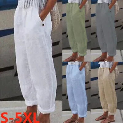 Plus Size Ladies Cotton Linen Casual Long Pants Womens Straight Trousers Solid • £9.45