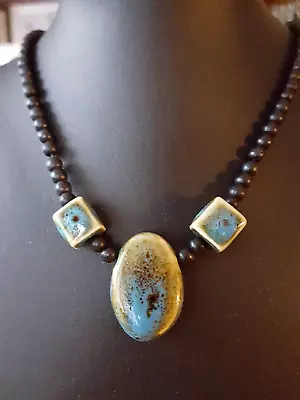 Vintage Blue/Tan Ceramic Wood Beaded Choker Cord Necklace  16  • $4.25
