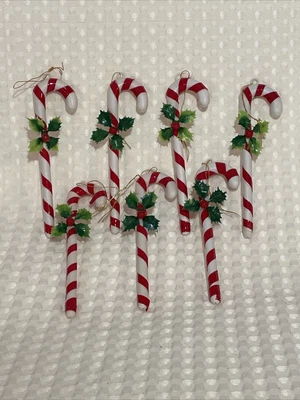 $1.99 • Buy 7 Vintage Plastic Candy Canes With Holly Christmas Ornaments 5”