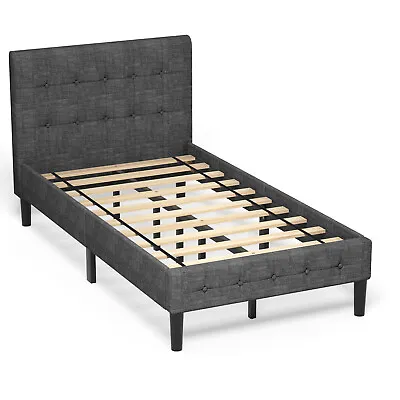 Costway Twin Upholstered Bed Frame Button Tufted Headboard Mattress Foundation • $149.99