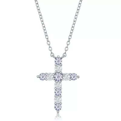 $28.62 • Buy Sterling Silver Lavender CZ June Birthstone Cross Necklace
