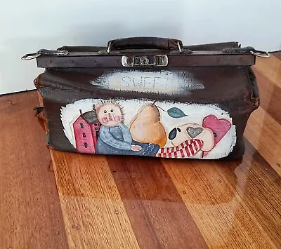 Antique Leather Gladstone Bag - Custom Hand Painted • $70