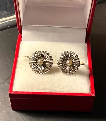 Antique Victorian Gold /  DIAMOND / PEARL  DAISY Earrings 1880s • £50