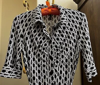 Laundry By Shelli Segal Ruched Dress Black & White Geometric Print Stretch Sz 2 • $12.50