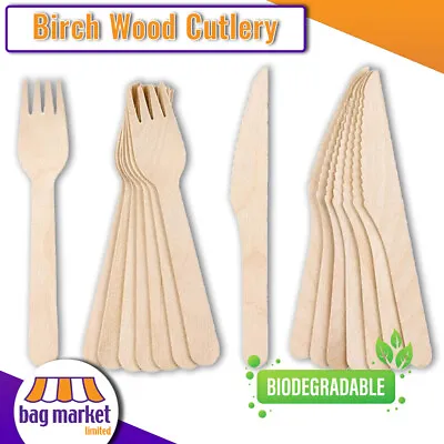 Disposable Wooden Cutlery - Forks Knives | Birch Catering Party Set Food • £24.99