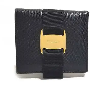 Authentic Salvatore Ferragamo Wallet Vara Lizard Type Fold Wallet Black Purse • $297.42