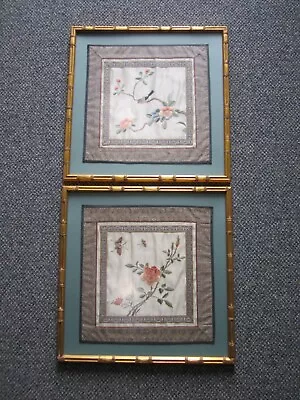 PAIR OF BEAUTIFUL ORIGINAL OLD VINTAGE CHINESE SILK HAND EMBROIDERY PANELS 19x19 • $39
