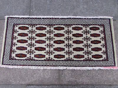 Vintage Hand Made Traditional Rug Oriental Wool Beige Red Small Rug 46x104cm • £55