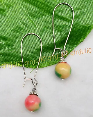 Charming 8/10mm Multi-Color Gemstone Round Beads Dangle Silver Hook Earrings AA • $3.72