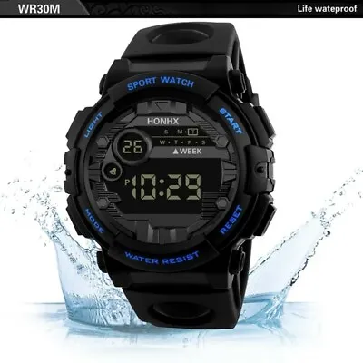 Mens Watches Black Military Army Walking Sports Digital LED Waterproof Watch • £6.99