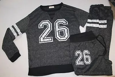 $36 • Buy Womens Athleisure Set BLACK WHITE MARLED L/S SHIRT Knit Joggers Pants L 12-14