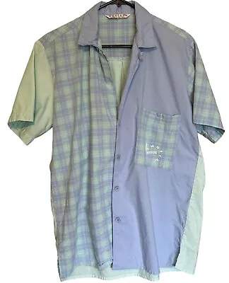 Vintage Swatch Watch Button Down Shirt Size Large Blue Plaid Pocket Logo 90's • $49.95