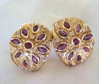 Vintage 14k Yellow Gold Purple Sapphire Diamond Earrings - 14.0 Gms 1.56 Ctw • $698