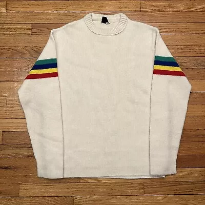 Vintage Sears Sportswear Cream Rainbow Striped Ski Wool Sweater Size Large • $99.99