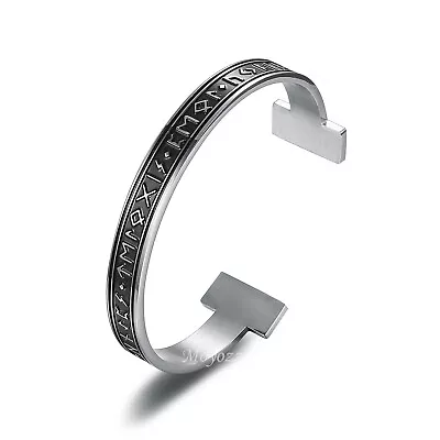 Mens Nordic Norse Viking Black Stainless Steel Rune Cuff Bracelet Bangle Gift • $9.99