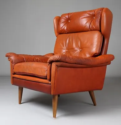 Mid Century Armchair In Tan Red Leather By Skippers Mobler Danish Vintage Chair • £490.50